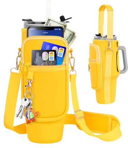 Water Bottle Carrier Bag with Phone Pocket Compatible for Stanley,Meoky 40 oz Tumbler with Handle,Neoprene Water Bottle Holder Pouch with Adjustable Strap Compatible for Stanley Cup Accessories