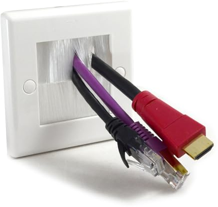 White Faceplate White Brushes Cable Brushplate with Integrated White Brushes in Rounded Single Gang Faceplate