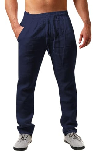 Runcati Men's Linen Trousers Solid Color Lightweight Loose Fit Drawstring Holiday Beach Daily Wear