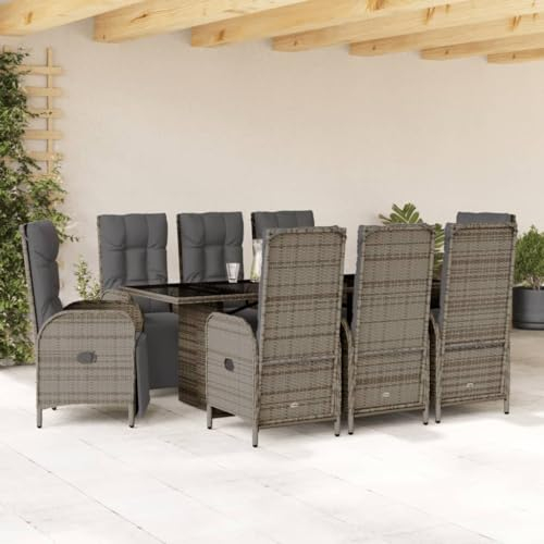 Keyroto Garten essgruppe 8 Personen Rattan Gartenmöbel Set mit 8 Gartenstuhl Hochlehner Verstellbar Sitzgruppe Outdoor Gartengarnitur Sitzgarnitur Terassenmöbel außen-Grau-9-tlg