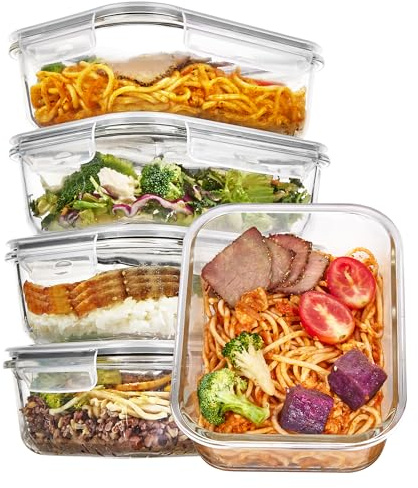Vtopmart Boîtes Repas Verre avec Couvercle, 1035ml, 5 Pack | Verre Sain sans BPA, Étanche et Hermétique, Empilable, Compatible Micro-ondes, Four, Dimensions Adaptées aux Repas Préparés
