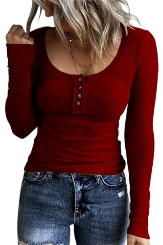 FANGJIN Womens Tops Autumn Long Sleeve T Shirts Women Slim Fit Tops Jumpers for Women UK Women's Casual Y2k Henley Button Round Neck Wine Red Size 14