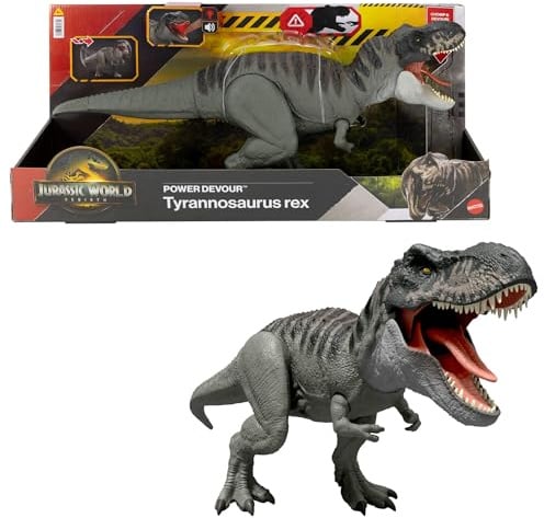 MattelJurassic World: Die Wiedergeburt Power-Fresser Tyrannosaurus Rex Dinosaurierfigur – mit zungenaktivierter Beiß-Attacke, Licht & Sound, digitalem Spielspaß, JGB50