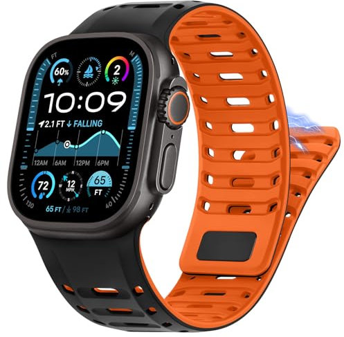 HITZEE Cinturino Sportivo Compatible con Cinturino Apple Watch 49/46/45/44/42mm, Uomini Magnetici Silicone Cinturini Compatibile per iWatch Ultra 2 Series 10 9 8 7 SE 6 5 4 3 2, Nero/Arancio