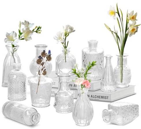 YSWOVUO 12 Stück Kleine Vasen Set, Mini Vasen für Tischdeko, Vintage Blumenvasen, Vasen Deko für Tischdeko Zuhause Hochzeiten Tafelaufsätze Party Wohnzimmer Geburtstage Feste, Transparent