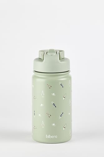 BIBERE – Trinkflasche Kinder Edelstahl 350ml mit Strohhalm Auslaufsicher & Leicht (Graublau)