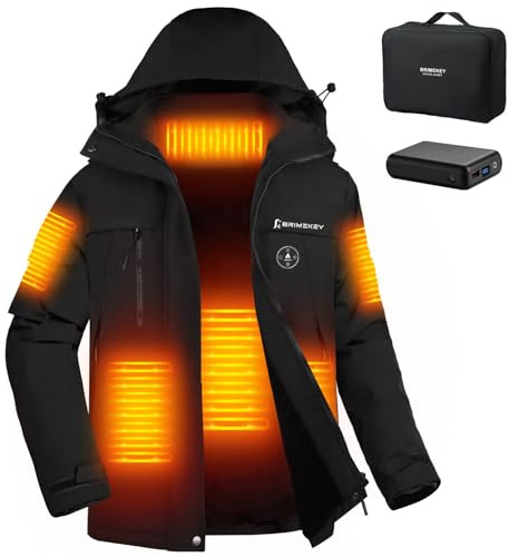 Brimekey Beheizbare Jacke Damen, Beheizte Fleece Ski-Jacken Wasserdicht Winddicht mit 12000 mAh Akku, 6 Heizung Zonen & 3 Heizstufen, Heizjacke mit Kapuze für Frauen Outdoor Winter