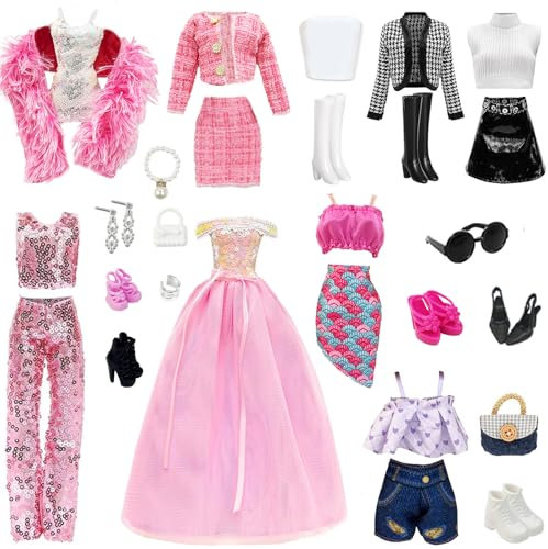 28 Stück Puppen Kleidung und Zubehör, enthalten 7 schöne Sets, auch enthalten 1 Sonnenbrille + 2 Taschen + 1 Paar Ohrringe + 1 Armband + 1 Perlenkette, Sets für 11,5 Zoll Puppen,28pcs doll Clothes