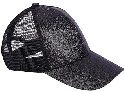 Rockreyoa Mädchen Basecap Kinder Glitzer Baseball Cap Netz Baseballmütze Glänzende Pferdeschwanz Hüte Verstellbare Sonnenhut Sommer Baseballkappe Cool Kappe Sommer Sonnenkappe Outdoor Schwarz