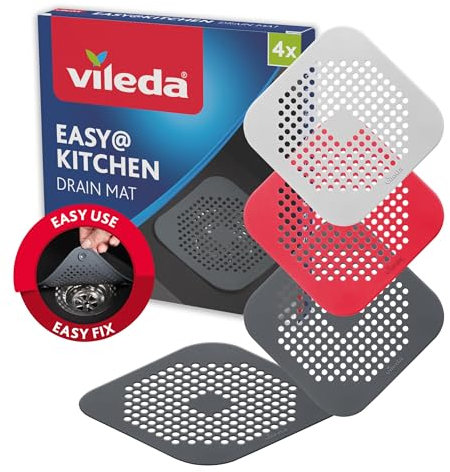 Vileda Juego de 4 coladores para fregadero, colador para el pelo, colador para bañera y ducha, evita olores y obstrucciones, colador de desagüe con ventosas