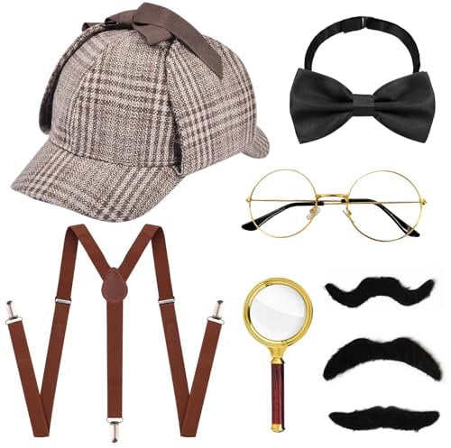 7 accessori per costume da detective anni '20, con cappello a quadretti, schiena a Y, spalline con fiocco, lente d'ingrandimento, occhiali baffi, accessori per cosplay, carnevale, cosplay, 7 pezzi