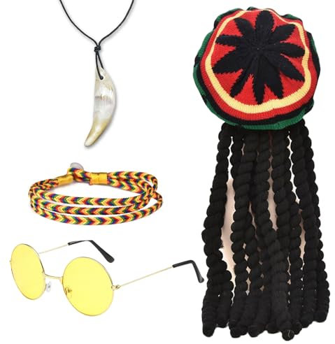 FUIPVGI 4 Stücke Mütze Rasta Dreadlocks mit Gelber Brille, Geflochtenes Armband,Halskette, Reggae Hut Rasta Hut, Jamaikanische Dreadlocks Perücke, Maskerade Kostümzubehör für Cosplay (Mehrfarbig)