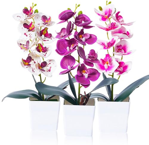 JINXIAN 3 Macetas de Orquideas Artificiales con Maceta de Plástico Planta de Orquidea Flores Artificiales de 30 cm de Altura Decoración de Flores Artificiales Decoracionde la Oficina
