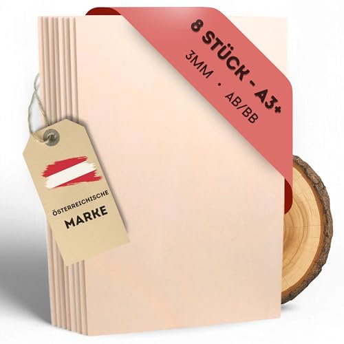 EV® Sperrholzplatte 3mm - 8 Stück, A3+ Format | Italienisches Pappelsperrholz in Premium AB/BB Qualität | Hochwertige Holzplatten zum Basteln, Bemalen & Lasern