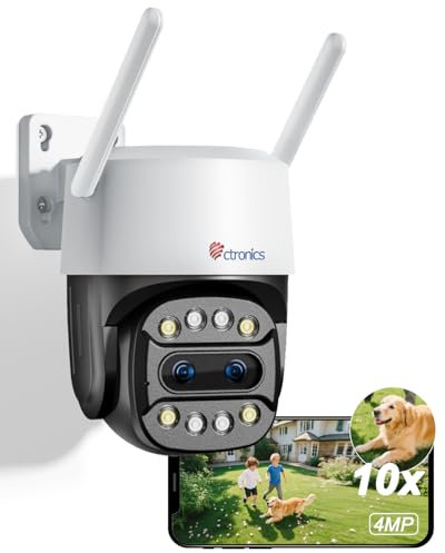 Ctronics Zoom Híbrido 10X Cámara de Vigilancia Exterior 2,5K con Doble Lente, 4MP Cámara PTZ WiFi, Detección de Personas/Vehículos y Seguimiento Automático, Visión Nocturna a Color&Audio Bidireccional