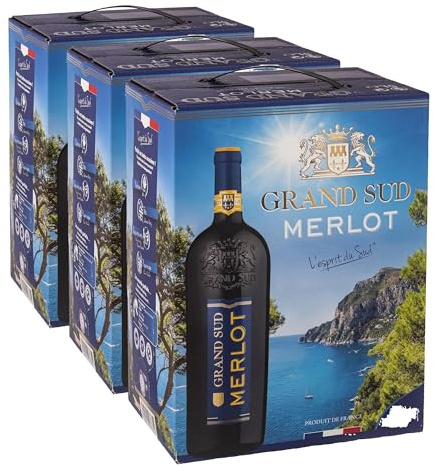 Grand Sud - Merlot aus Süd-Frankreich - Sortentypischer Trocken Rotwein - Großpackungen Wein Bag in Box 5l (1 x 5 L) (Packung mit 3)