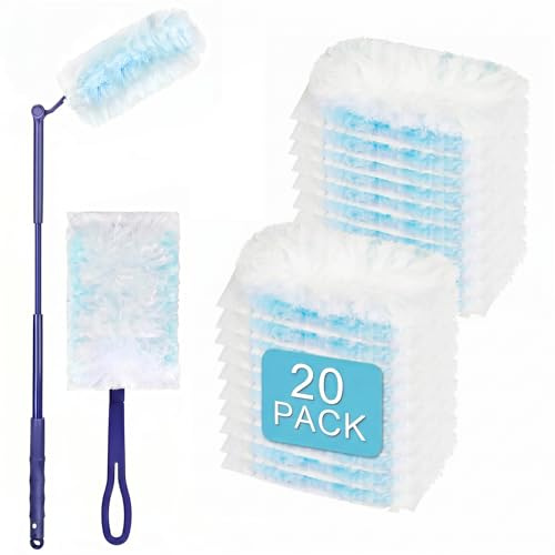 20 Pack Fluffy Duster Refills, Dust Magnet Refills with 1 Long Handle and 1 Short Handle, Traps & Locks Dust and Dirt, Fluffy Magic Duster for Cleaning Furniture, Blinds, Car, Keyboards, Office