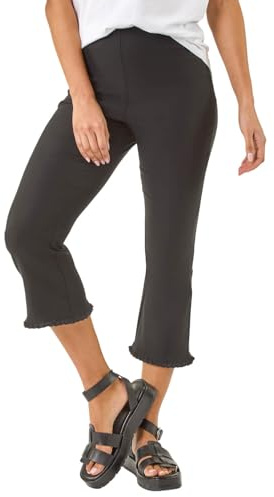 Roman Trim Flared Cropped Stretch Trousers for Women UK Ladies Spring Everyday Summer Holiday Elasticated Waist Comfy Jersey Soft Cut Off Bottoms Office Business - Black - Size 18