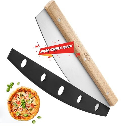 OLEIO Pizzaschneider und Wiegemesser, 35 cm Klinge aus rostfreiem Edelstahl | 1,2 mm starke Klinge, Kautschukholzgriff und Klingenschutz; für Pizza, Flammkuchen, Teig, Kräuter, Nüsse und weiches Gemüse