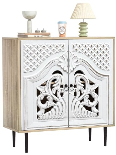 Yvsevnr Sideboard Wohnzimmer Verstellbare Ablage Geschnitzt Küchenschrank | Buffetschrank mit 2 Hohl Türen, Kippschutz, Beine aus Massivholz, Landhausstil, für Küche, Esszimmer, Flur 80 x 35 x 87 cm