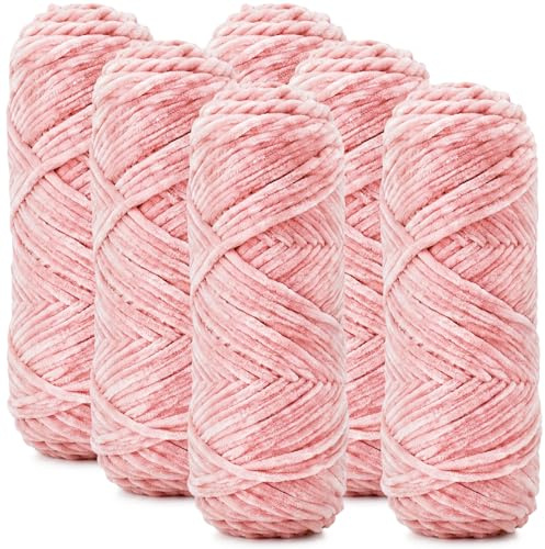 Lighterday 6 × 100 g Chenille Wolle zum Häkeln,Chenille Garn Dicke Wolle zum Häkeln,Weiche Flauschige Dick Stricken Yarn,Chunky Strickgarn für Mützen,Schal,Socken,Pullover und Decke (Hautrosa)