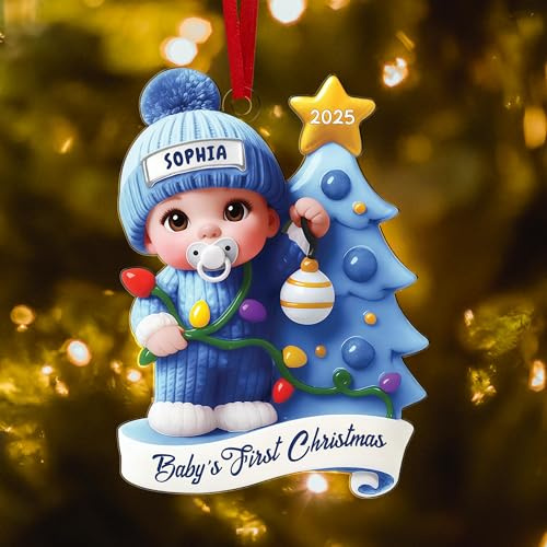 Personalisiertes Weihnachtsornament Babys Erstes Weihnachten 2025 - Mit Namen, Geburtsdatum - Geschenk für Jungen & Mädchen - Weihnachtsbaum-Deko mit 3D-Effekt