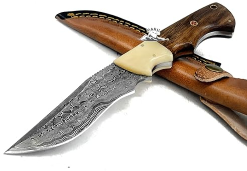 M. Zille Coltello Artigianale Lama Acciaio Damasco Manico Legno Lama Fissa Caccia Coltello da Collezione Coltello Bushcraft