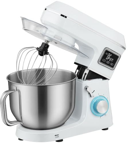 HOMCOM Batidora Amasadora 6L Amasadora de Pan 1400W 6 Velocidades Blanco | LED, Fermentación, Bol de Acero Inoxidable, Batidor, Gancho, Varilla, Protector contra Salpicaduras