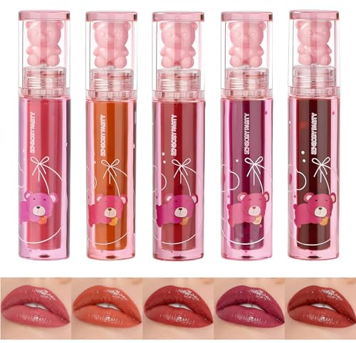 5Pcs Bear Lip Glaze Korean Lipgloss Bärchen Korean Lip Tint K-orean Cute Lipgloss Bär Lip-Gloss Bear Langlebig Wange Volumenaufbauender Feuchtigkeitsspendender L-ipgloss Wasserdicht Rouge Lipglos-s