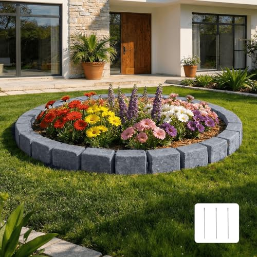 VEVOR Bordure de Jardin Imitation Pierre 1,19 m Bordure de Parterre Aspect Pierre Plastique PE pour Pelouse Allée, Lot de 1, 6 Briques par Section 1190x155x100 mm, 3 Piquets, sans Creuser, Gris Grès
