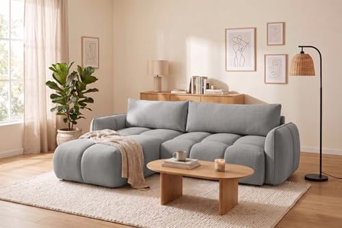 SOFILAND Ecksofa BELVEO mit Schlaffunktion und Bettkasten L-Form Ausrichtung Links Stoff Bluvel (Grau, Links)
