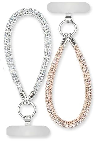TARGONIX 2 piezas de lujo diamante cadena para teléfono móvil corta brillante correa de metal para muñeca, accesorio de moda para mujeres, uso diario, fiestas y viajes