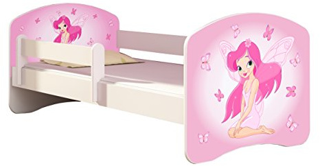 ACMA Kinderbett 160x80 Jugendbett mit Matratze, Rausfallschutz, Lattenrost Weiß, stabil, Kinderzimmer Bett, Jugendmöbel Design 07 Rosa Fee
