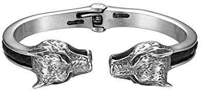 JewelryWe Schmuck Herren Armband, Gegenüber Wolf Wolfskopf Biker Offen Armreif Armspange, Echtleder Leder Edelstahl, Schwarz Silber