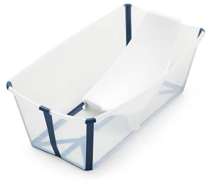 Stokke Flexi Bath (Azul transparente) con Soporte para recién nacido - Duradera y fácil de guardar - Práctica para usar en casa o de viaje - Para bebés 0 a 48 meses