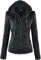 Newbestyle Faux Leather Jacket for Women Hooded Moto Biker Jacket Full-zip Long Sleeve Outwear Tops Black L
