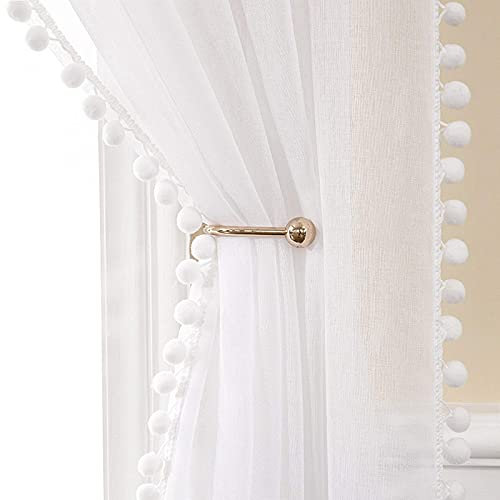 MIULEE Gardinen mit Pompons-Wunderschöne Weiss Vorhang mit Bommeln für Kinderzimmer, Mädchen Zimmer, Transparent Ösenvorhang 2er Set für Schlafzimmer Wohnzimmer, Jeder H 280 X B 140cm