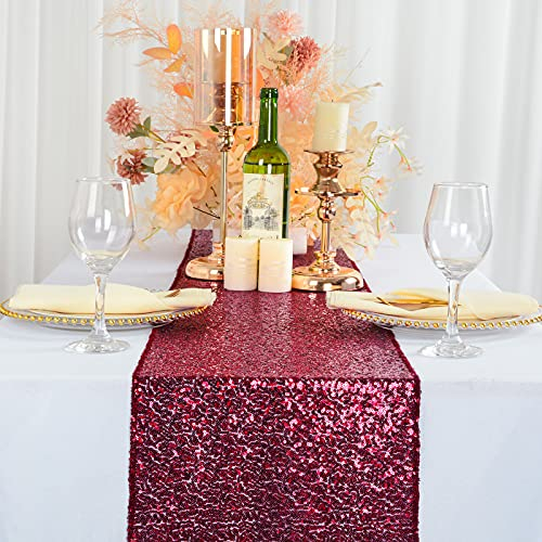 ShinyBeauty Burgunder Pailletten Tischläufer Burgunder Baby Shower Dekorationen Glitzer Hochzeit Tischläufer Leinen Tischläufer Wein Weihnachten TischläuferParty Supplies (12x72-Zoll, Burgund)