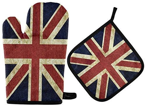 Mnsruu Vintage British Flag Union Jack London Oven Mitt and Pot Holder Set Heat Resistant Kitchen Glove for Cooking Baking Grilling Barbecue
