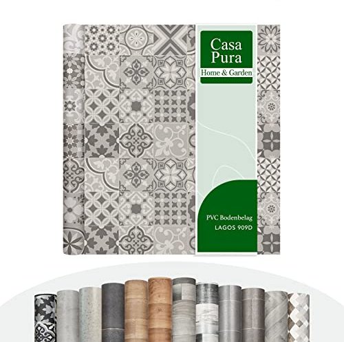 casa pura CV Bodenbelag Plaza - extra abriebfester PVC Linoleum Bodenbelag Meterware (geschäumt) Vinylboden - Lagos 909D - edle Fliesenoptik - Oberfläche strukturiert - (200x350 cm)