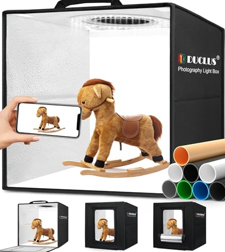 DUCLUS Fotobox zum Fotografieren, 30x30 cm Photobox zum Produktfotografie, Faltbare Mini Fotostudio Set mit Dimmbare 120 LEDs, 8 Glänzende Hintergründe für Lichtzelt zum Schmuck Kleine Gegenstände