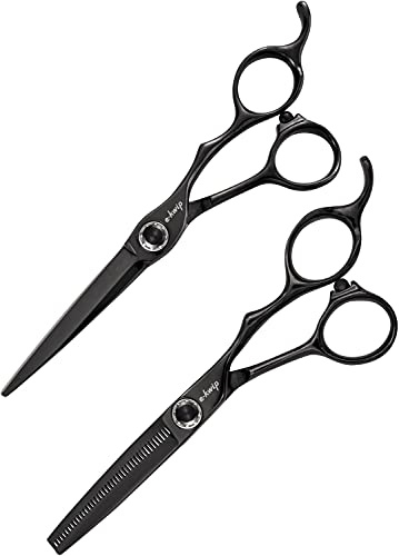 E-Kwip Kuro Line Friseurscheren Set - 5,5 Zoll Schneide- & Modellierschere aus Japanstahl - titanbeschichtet mit ergonomischem Offset Design