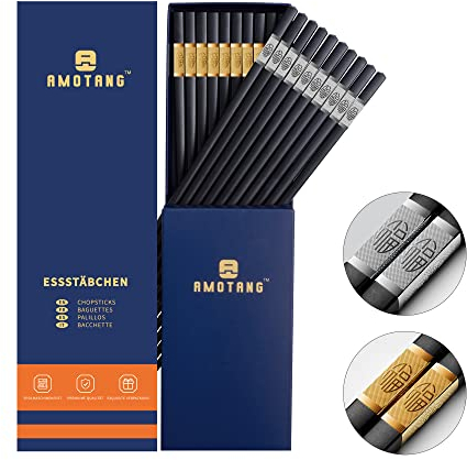 AMOTANG 10 Paar Fiberglas-Essstäbchen, Spülmaschinenfeste Sushi Stäbchen mit metallgeschnitztem Chinesisches 'FU', Rutschfeste und Wiederverwendbare schwarz Chopsticks (Gold 5 Paar + Silber 5 Paar)