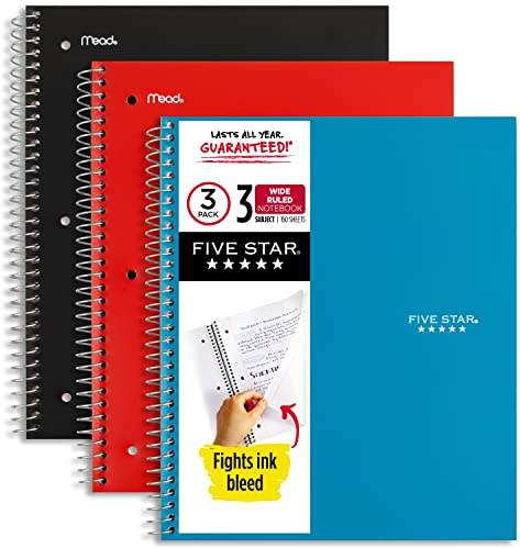 Five Star Spiralnotizbücher, 3 Fächer, breit liniertes Papier, 26,7 x 20,3 cm, Blau, Rot und Schwarz (930081)