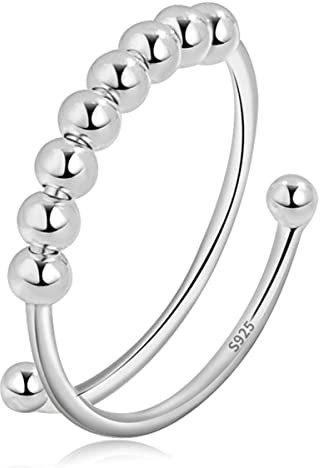 EUDORA Harmony Ball S925 Sterling Silber Anxiety Fidget Ring Anti Stress Ringe für Damen, Einstellbare Spinner Ringe Angstring Relief Spinner Fidget Anti Stress Ring Schmuck, Geschenk für Frauen