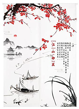 Odot Giapponese Noren Tenda per Porta in Lino, Stampa Pittura a Inchiostro Cinese Divisorie Lunga Tappezzeria Giapponese della Porta Tenda per Decorazione Porta Finestra Cucina (85x200cm,Barca Lago)