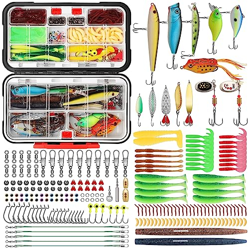 TRUSCEND Pesca Señuelos Accesorios Kit con Caja de Aparejos - Anzuelos de Pesca Crankbait Minnow Frog Popper Lure Grub Worm Cuchara de Pesca Spinner Bait - Jig Head Pesca Sinker Swivel Pesos