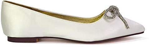 ESSEX GLAM Womens Flat Wedding Shoes Ladies Diamante Bow Bridal Ballet Slip On Flower Girl Pumps Size 3-8 Ivory Satin
