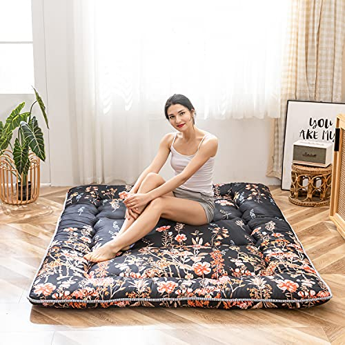 MAXYOYO Japanische Bodenmatratze Futonmatratze, Verdicken Tatami Matte Isomatte Faltbare Roll-Up Matratze Schlafsaal Matratzenauflage Bodenliege Kissen Bett (Schwarz Blumen, 150 x 200 cm)