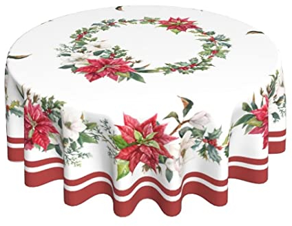 Sunshineyan Weihnachtssterne runde Tischdecke 152,4 cm, weiß und rot, Weihnachtstischdecken, schmutzabweisend, Polyester, Winter-Tischdecke für Urlaub, Partys, Küche, Esszimmer, drinnen und draußen